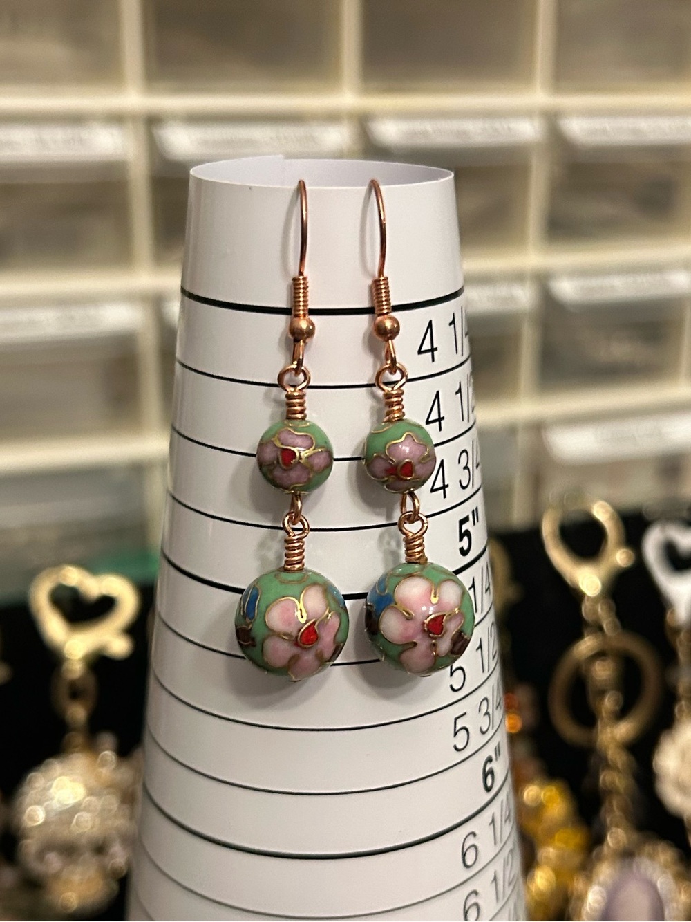 Light Green Cloisonné Wire Wrapped Earrings